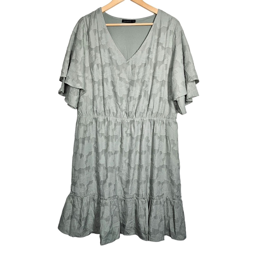 Mikarose Midi Flutter Sleeve Green Dress Ruffle Hem Lined Womens XXL‎